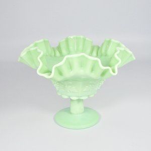 Vintage Westmoreland Jadeite Green Pedestal Bowl with Grapes Motif Ruffled Crimp